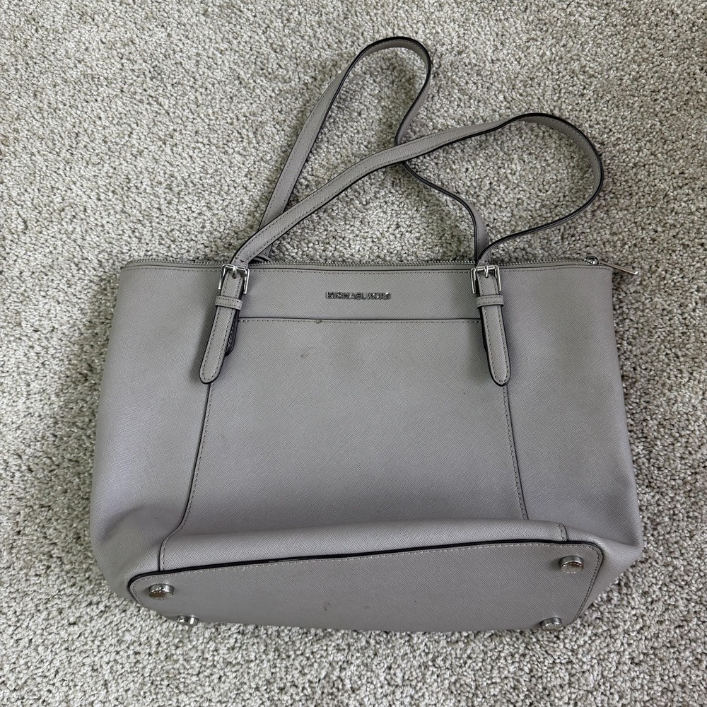 Michael Kors Tote Bag Womens Large Gray Leather Zip Shoulder Buckle Accent